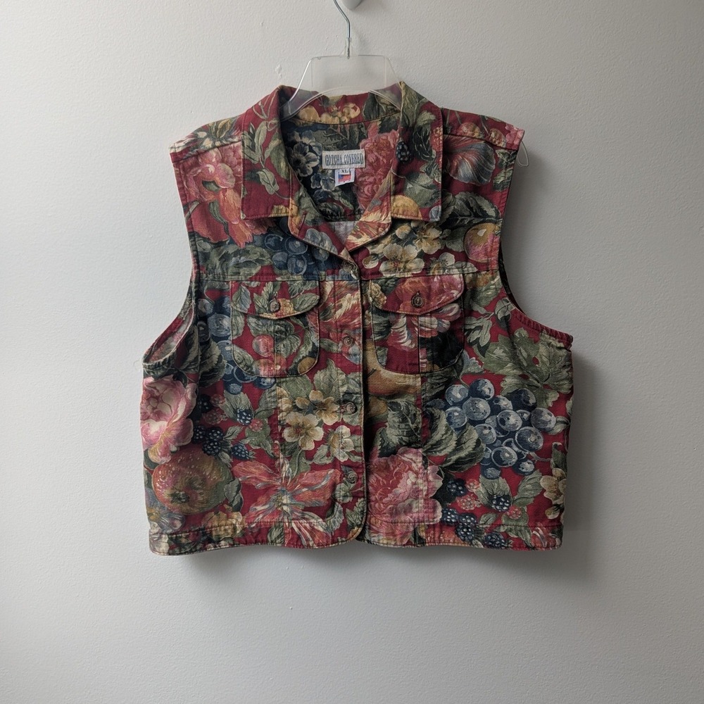 Vtg 90s Vest Red Floral Fruit Tapestry Print XL Cottagecore Made in USA